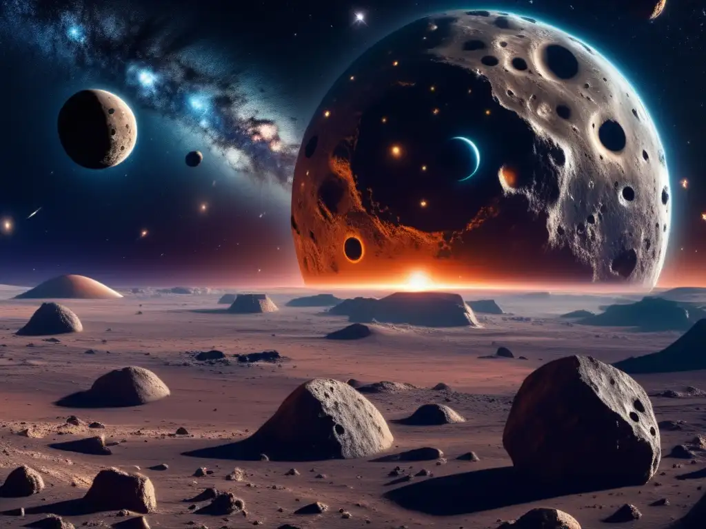 Carrera espacial asteroides ultra primitivos: Imagen 8k impresionante de vasto espacio estelar, asteroides, naves y tecnología avanzada
