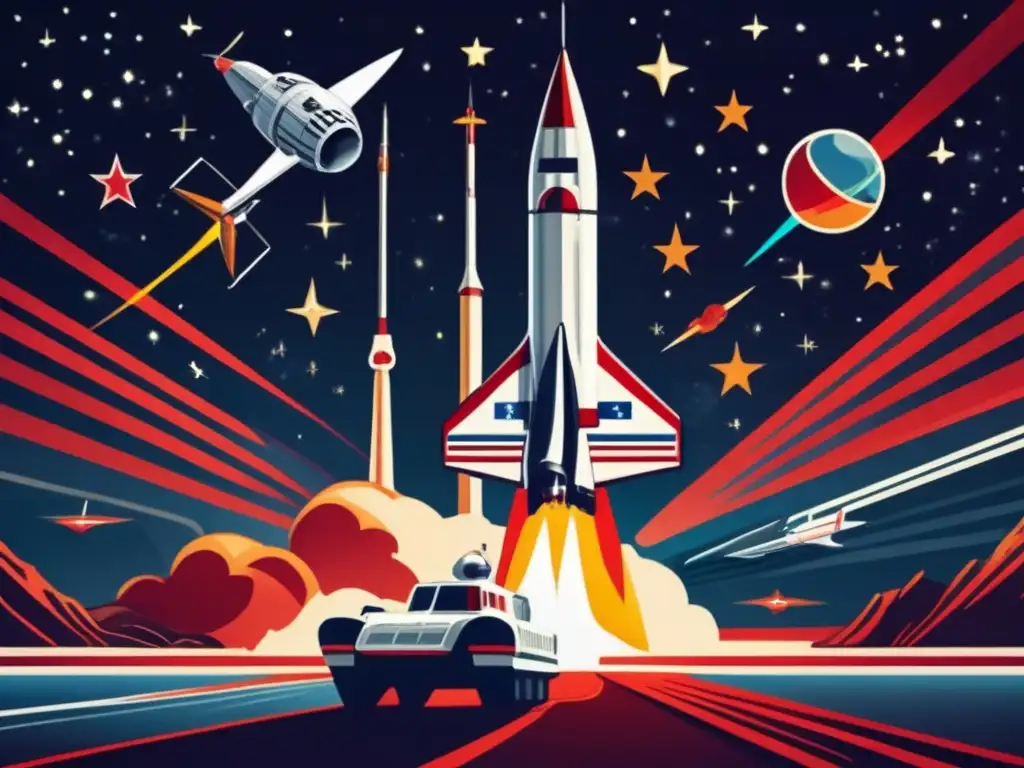 Carrera espacial de la Guerra Fría: dos naves espaciales compiten en un paisaje estelar, representando a la Unión Soviética y a Estados Unidos