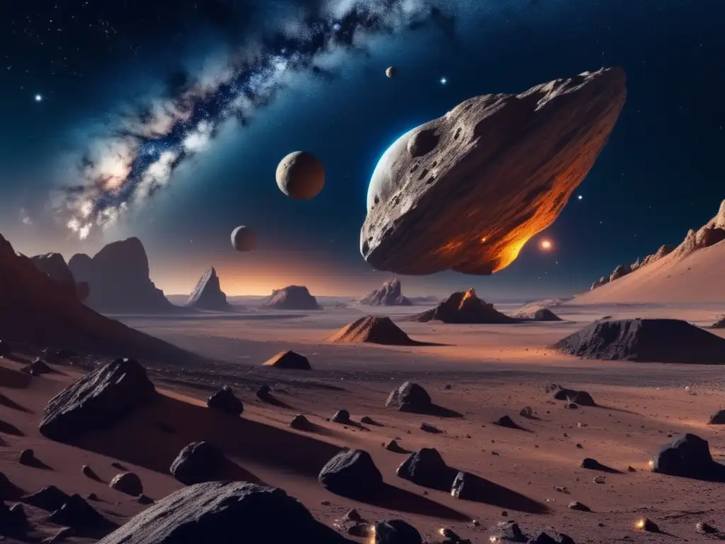 Carrera internacional derechos mineros asteroides: Imagen impactante 8k del espacio, asteroide gigante rodeado por naves mineras futuristas
