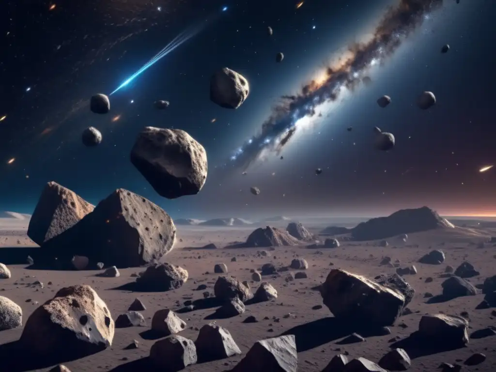 Carrera internacional derechos mineros asteroides: Imagen impactante de campo de asteroides 8k, con variedad de formas y tamaños
