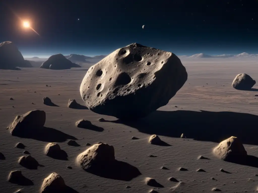 Causas forma irregular asteroides: imagen detallada de un asteroide de gran tamaño flotando en el espacio, con superficie rugosa y cráteres profundos