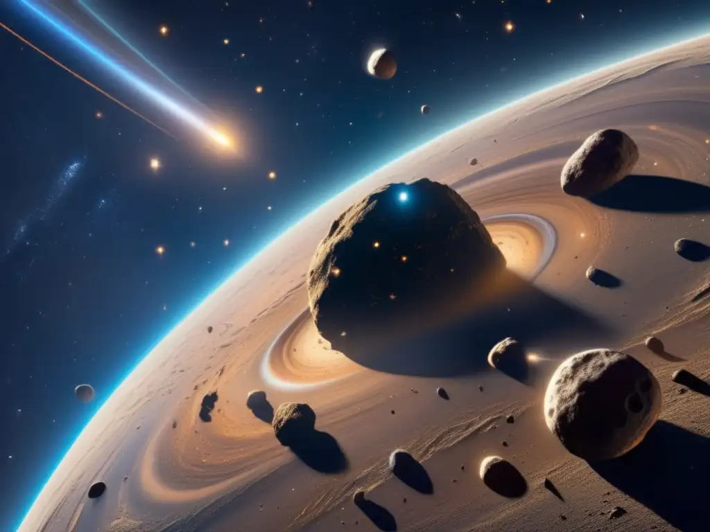 Un cautivador cinturón de asteroides iluminado por estrellas distantes, con simbología de mitología moderna