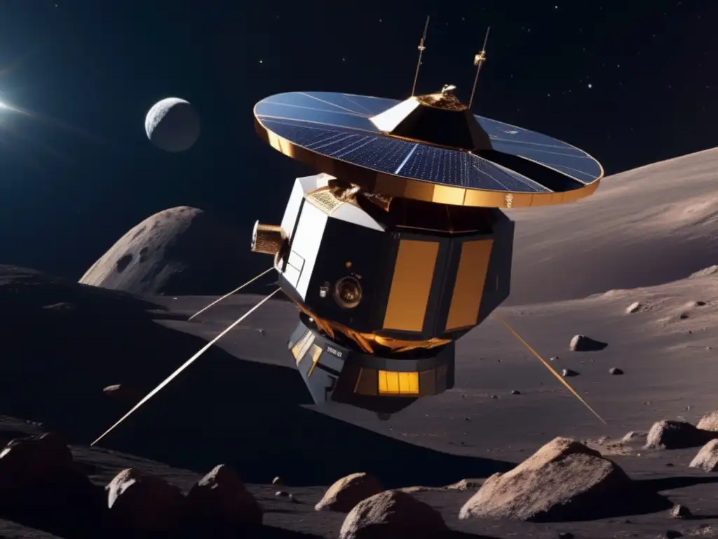 Caza de muestras de asteroides: MarcoPoloR, diseño moderno, paneles solares brillantes, instrumentos avanzados, curiosidad científica y tecnología
