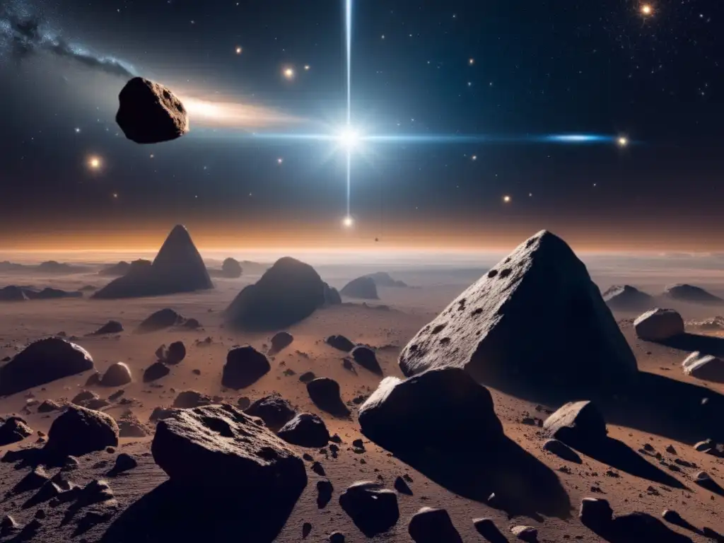 Cazadores sombras asteroides peligrosos en vasto espacio estelar, con planetas y polvo cósmico