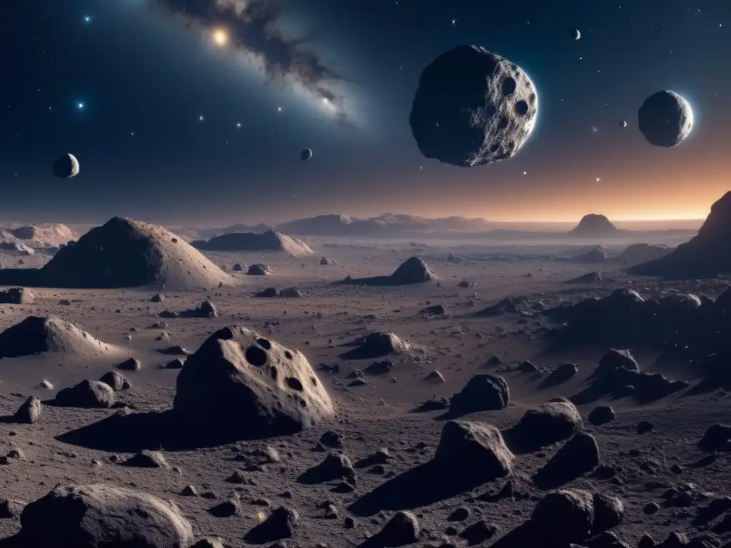 Cazadores sombras asteroides peligrosos: Vista panorámica detallada de un vasto campo de asteroides
