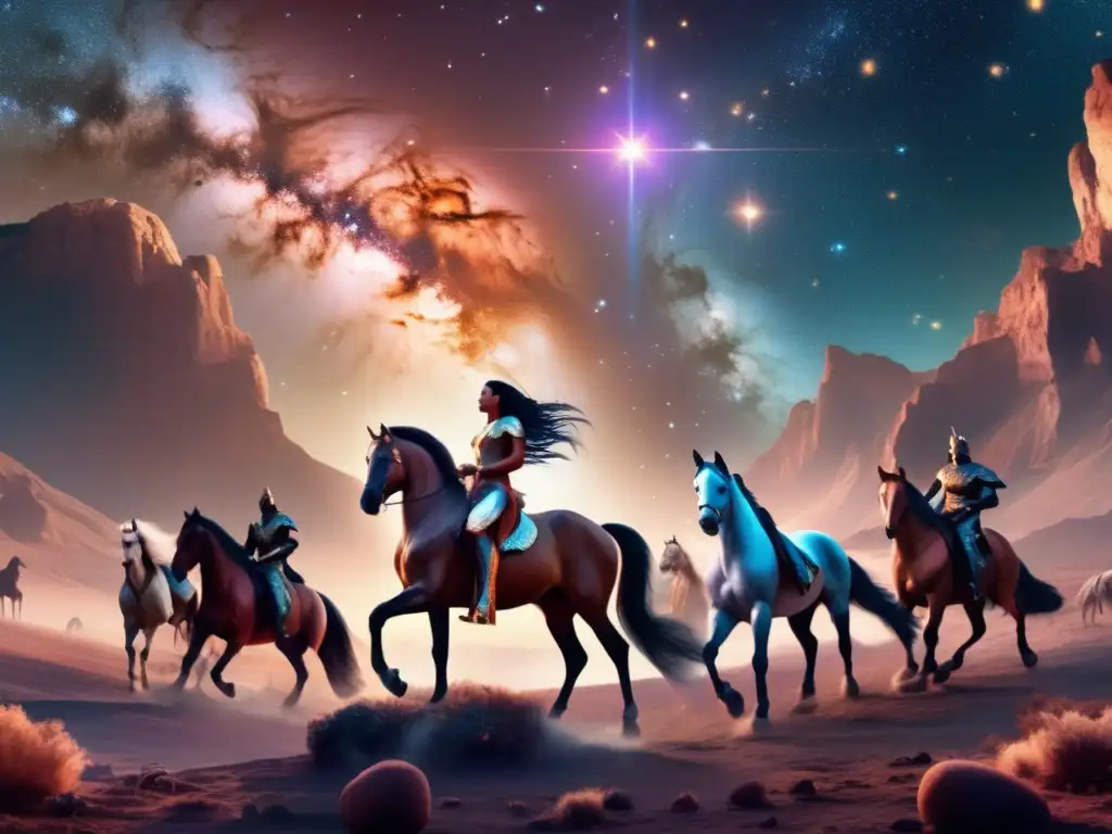 Centauros, seres mitológicos, en paisaje celeste con estrellas, asteroides y cometas