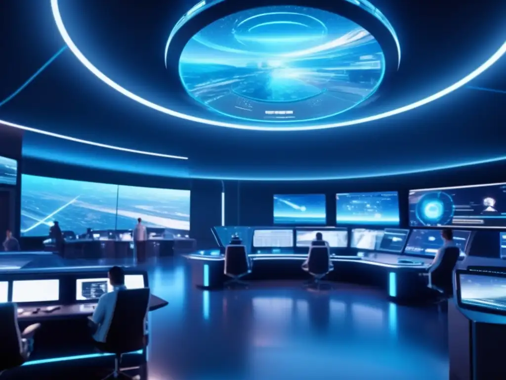 Centro de control de misión espacial futurista con tecnología avanzada, IA y automatización comercialización espacio