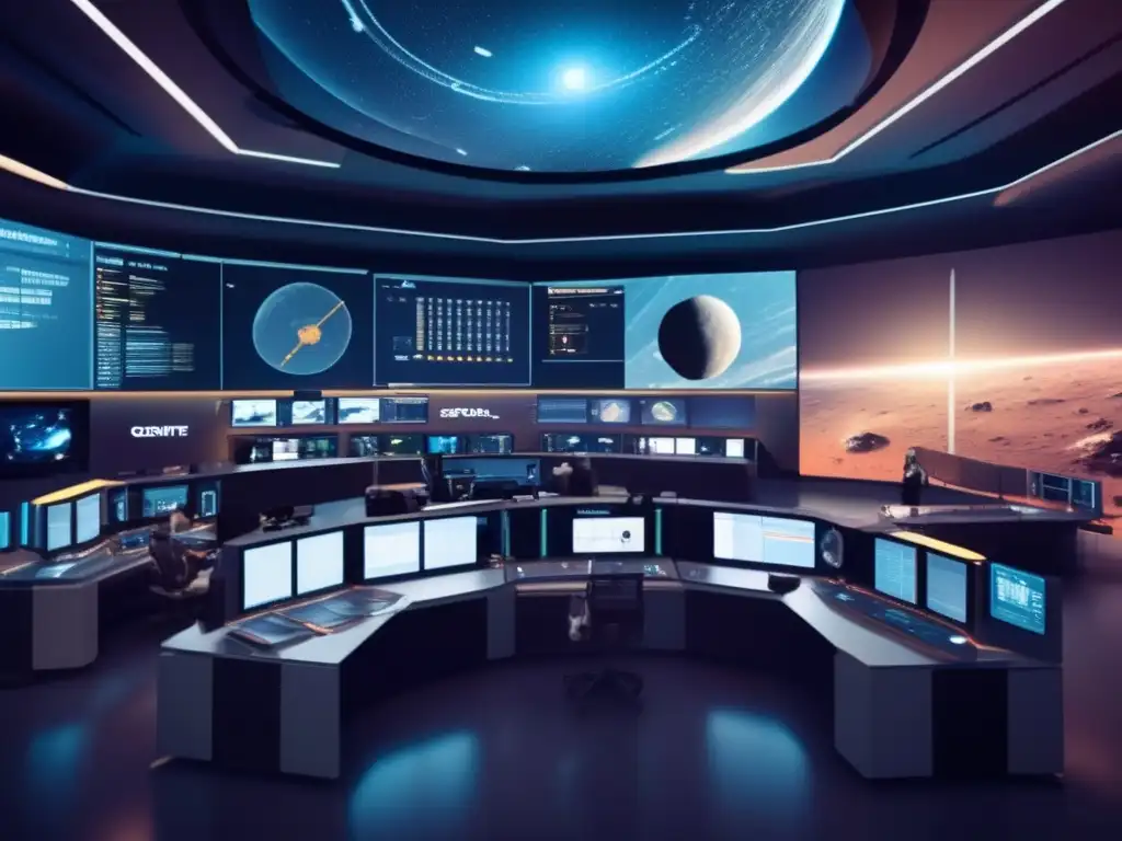 Centro de control de misión espacial con tecnología avanzada, científicos analizando patrones de trayectorias de asteroides