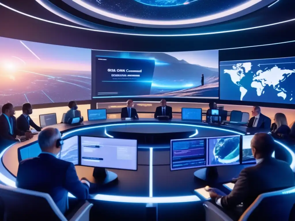 Centro de mando global futurista con tecnología de vanguardia y colaboración internacional en defensa planetaria: inversiones y políticas clave