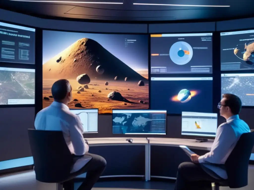 Científicos y ingenieros en sala de control, discutiendo estrategias de defensa planetaria contra asteroides