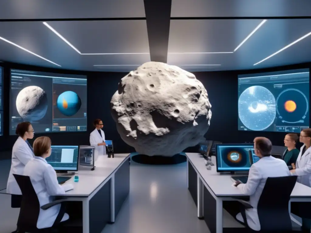 Científicos en laboratorio de vanguardia analizando asteroide tipo C