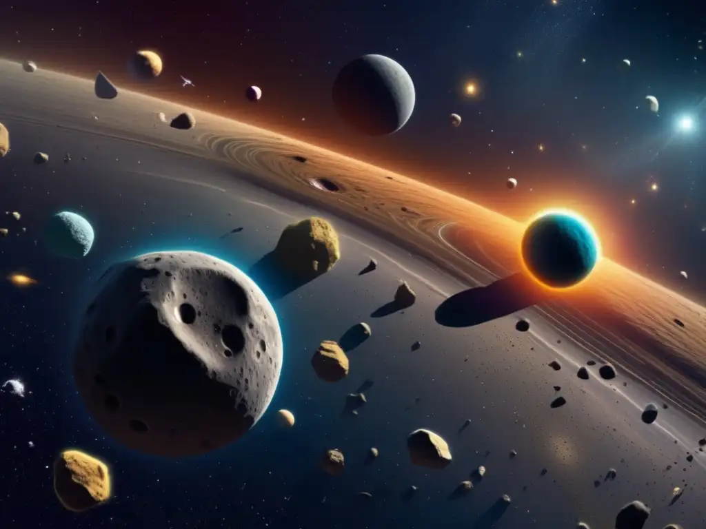 Cinturón de asteroides: composición y estructura, imagen detallada del espacio lleno de asteroides en distintos colores y texturas