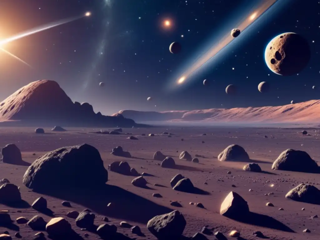 Cinturón de asteroides, impresionante y detallada imagen con nave espacial en primer plano