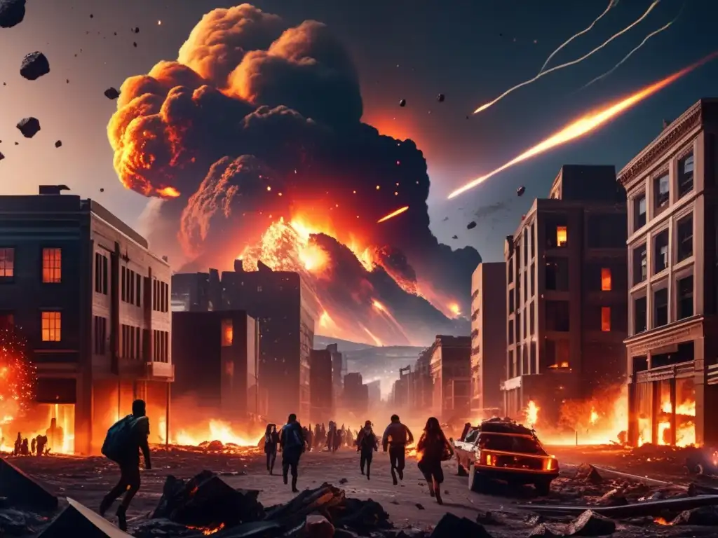 Ciudad caótica y destruida por asteroides, simbolizando el uso de asteroides en la literatura