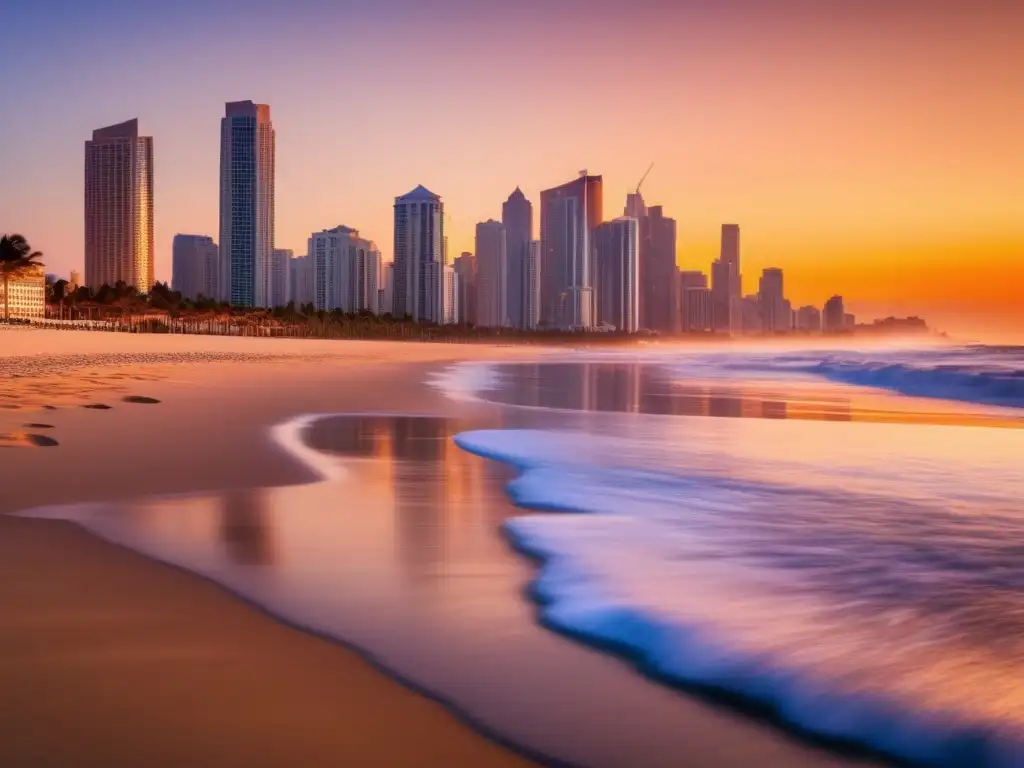 Ciudad costera con rascacielos, atardecer dorado, mar tranquilo y playa, pero con consecuencias impacto asteroide Tierra