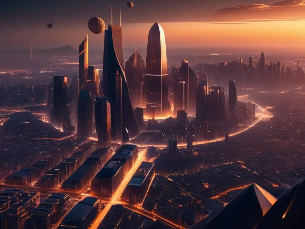 Ciudad futurista al atardecer con rascacielos, asteroides y política de cielos abiertos y asteroides