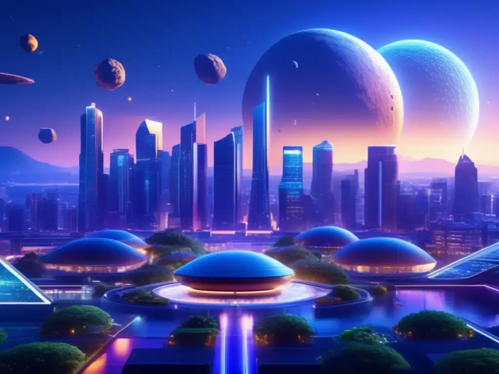 Ciudad futurista con compuestos orgánicos asteroides en aplicaciones tecnológicas