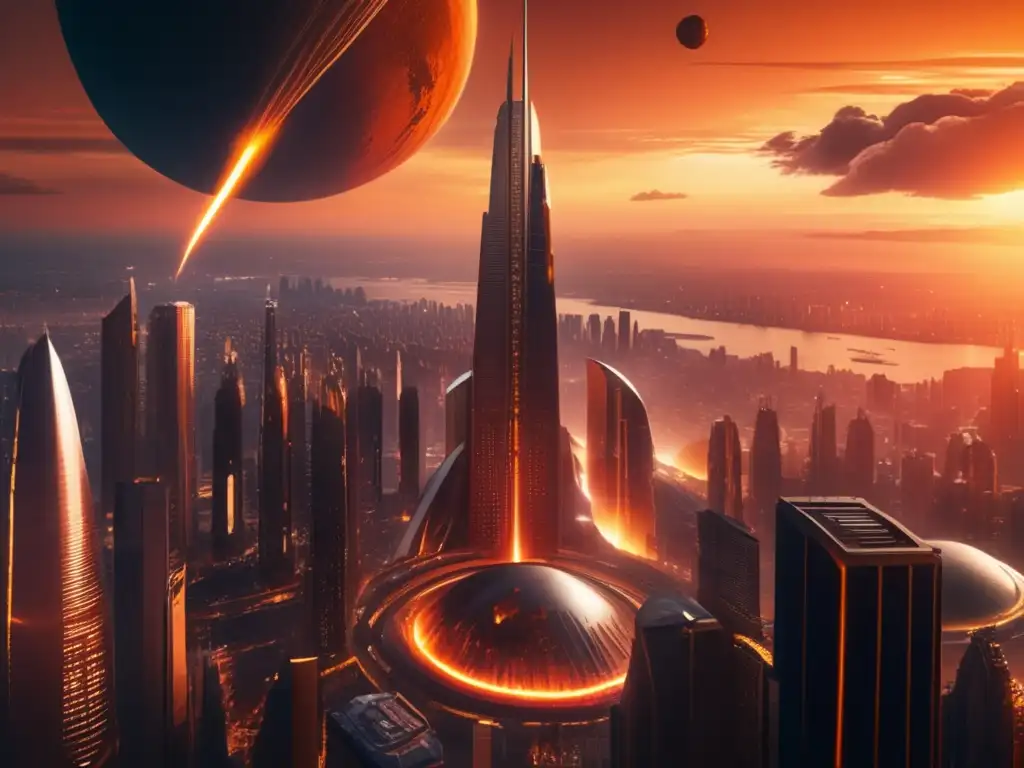 Ciudad futurista con rascacielos y asteroide potencialmente peligroso