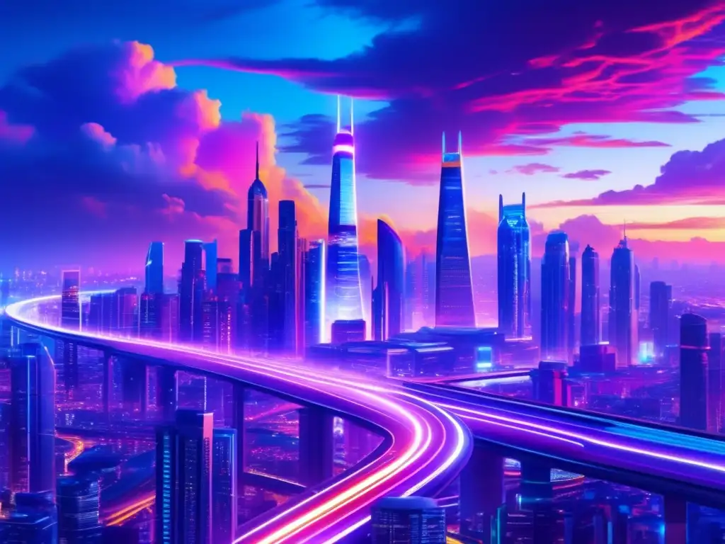 Ciudad futurista con rascacielos, luces neón y avances tecnológicos