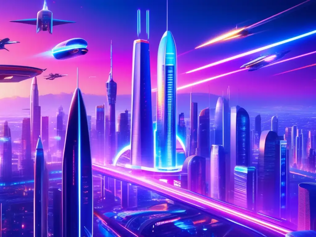 Ciudad futurista con rascacielos, luz neón y lanzamiento de cohetes