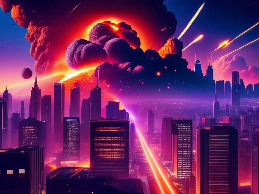 Ciudad nocturna con rascacielos iluminados y un asteroide destruyéndola: Marco legal internacional asteroides