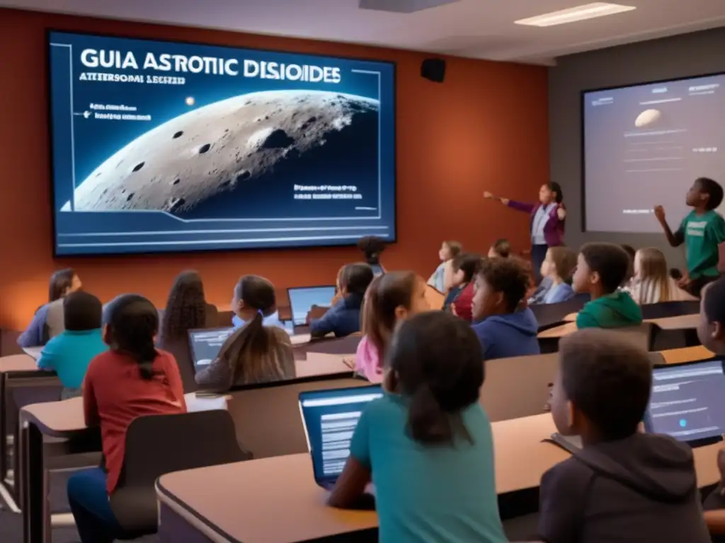 Clase emocionante con estudiantes y guías sobre asteroides en un aula interactiva