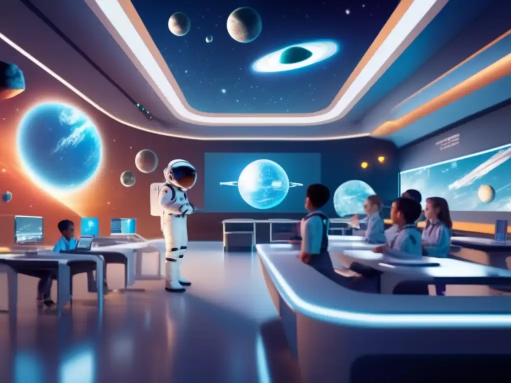Clase futurista sobre asteroides en un aula espacial - Programas educativos asteroides universo (110 caracteres)
