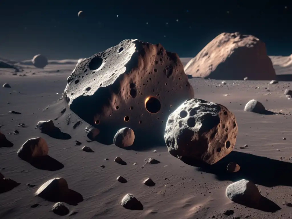 Closeup de asteroide con compuestos orgánicos; texturas, cráteres y brazo robótico recolectando muestras