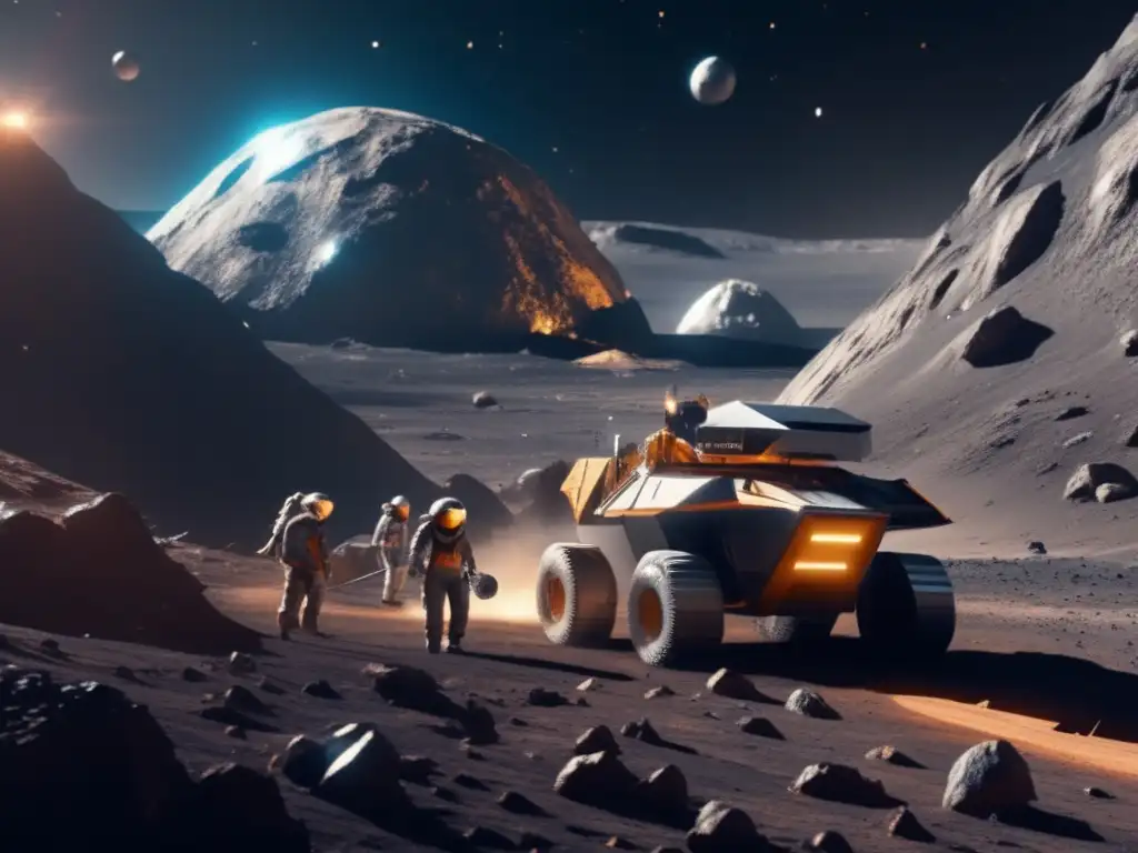 Coberturas para minería de asteroides: Operación futurista de minería espacial en un asteroide, con astronautas y equipo de alta tecnología