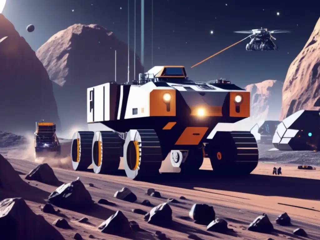 Coberturas para minería de asteroides: Operación de minería futurista en un asteroide, vehículo y drones recolectando recursos valiosos