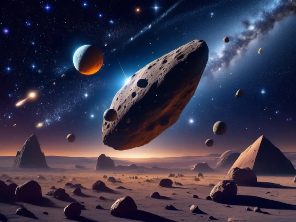 Colaboración internacional NEOs: vasto espacio estelar con asteroides variados, texturas únicas y colores vibrantes