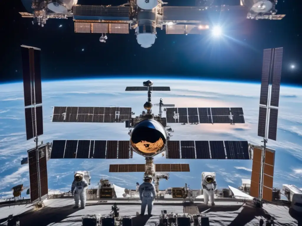 Gestión colaborativa de NEOs en el espacio: vista impresionante de estación espacial avanzada