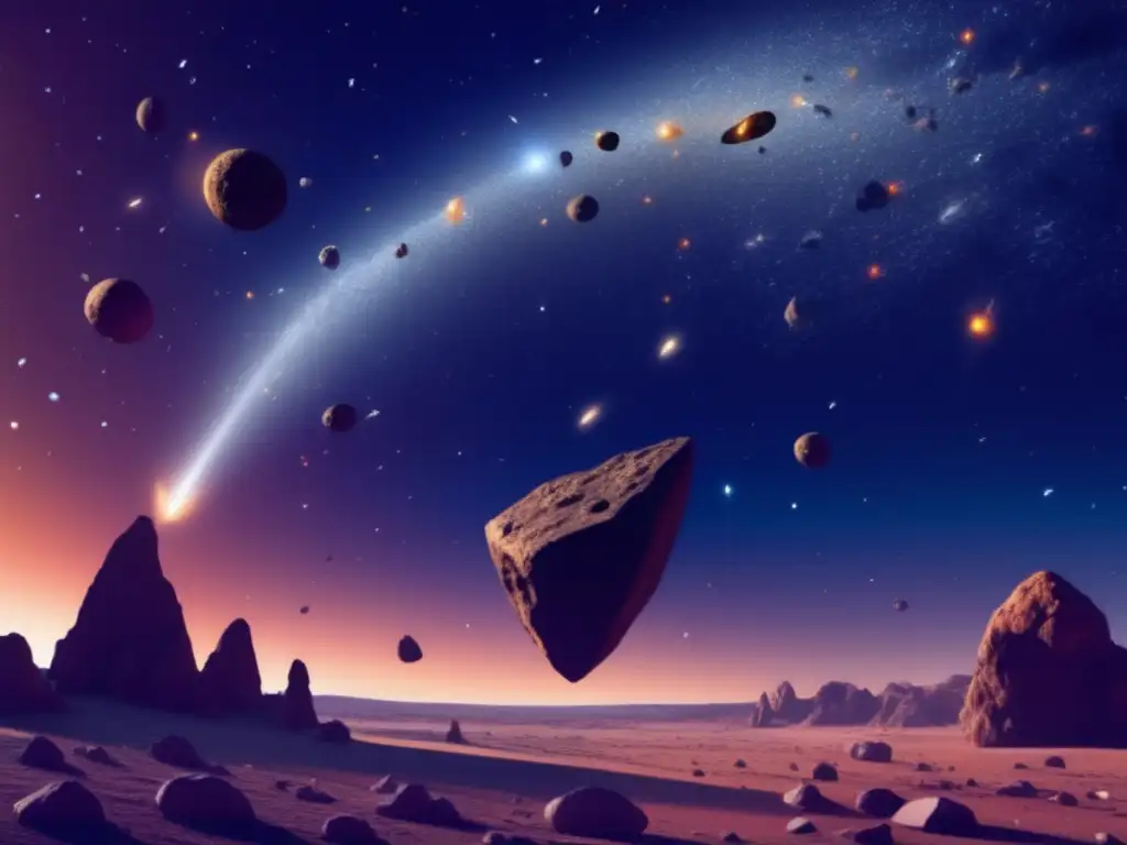 Prevenir colisiones asteroides en un impresionante cielo estrellado con asteroides en órbita