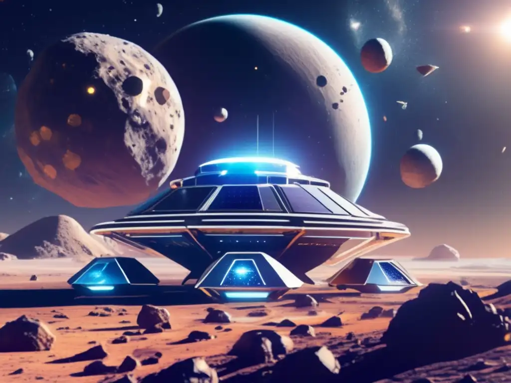 Colonia minera espacial futurista rodeada de asteroides - Marco Legal Minería Espacial Responsable