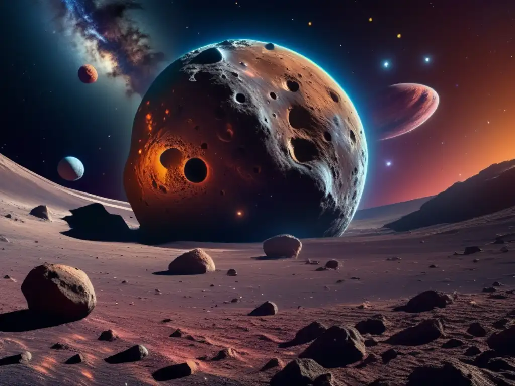 An asteroida colosal flota en el espacio, con minerales y texturas impresionantes