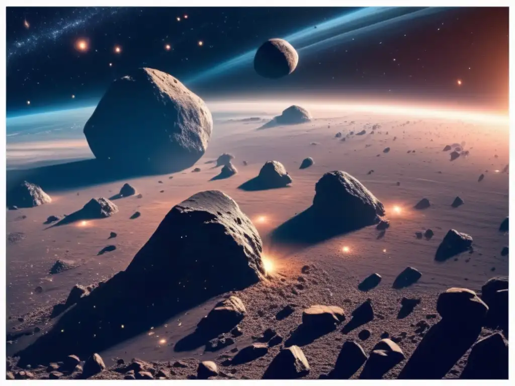 Comercio espacial de recursos asteroidales en una impresionante imagen cinematográfica de asteroides en el espacio