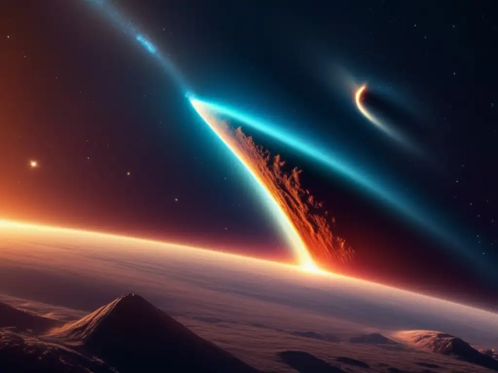 Comet en 8k surcando el espacio, con su cola brillante y su núcleo rocoso rodeado de una coma luminosa