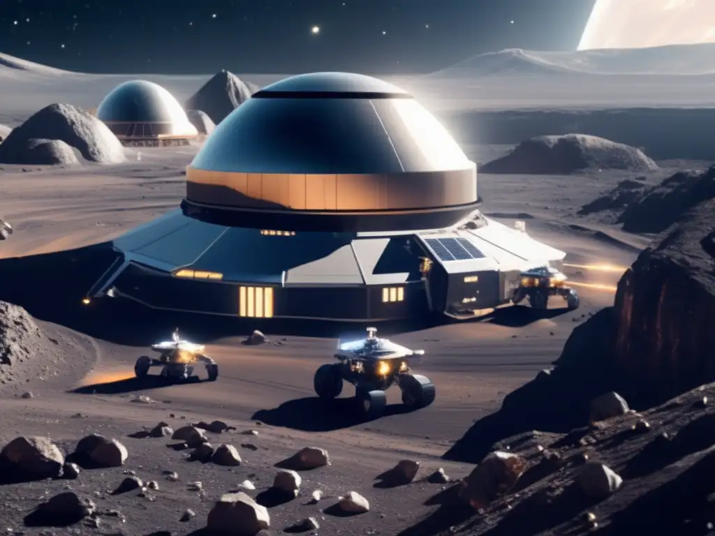 Competencia recursos asteroides en futurista instalación minera espacial