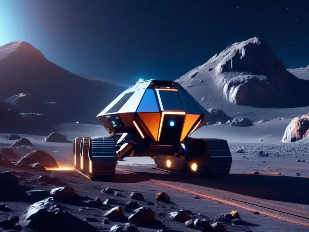 Competencia recursos asteroides: Futurista operación minera en asteroide, con robots avanzados extrayendo recursos valiosos