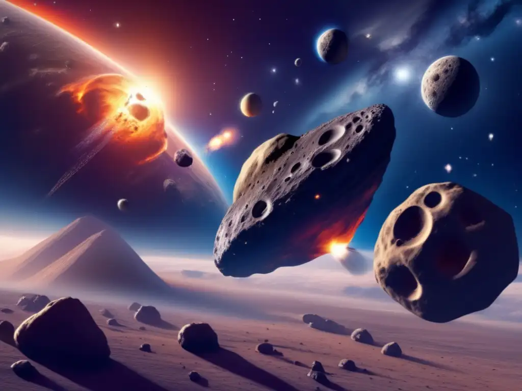 Formación y composición de asteroides: Escena cósmica con asteroide destacado, nubes de gas y polvo, detalles geológicos y elementos clave como agua