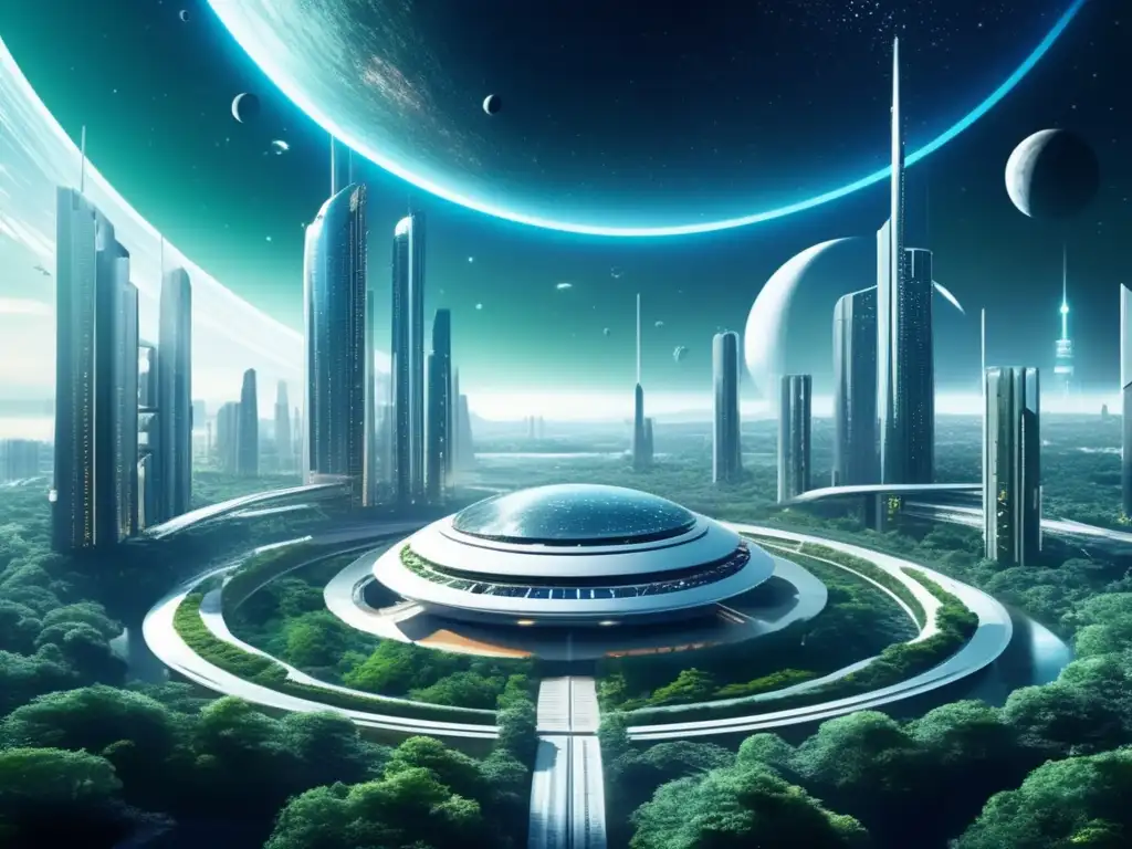 Comunidades espaciales igualitarias en una impresionante imagen cinematográfica de una colonia espacial futurista rodeada de estrellas