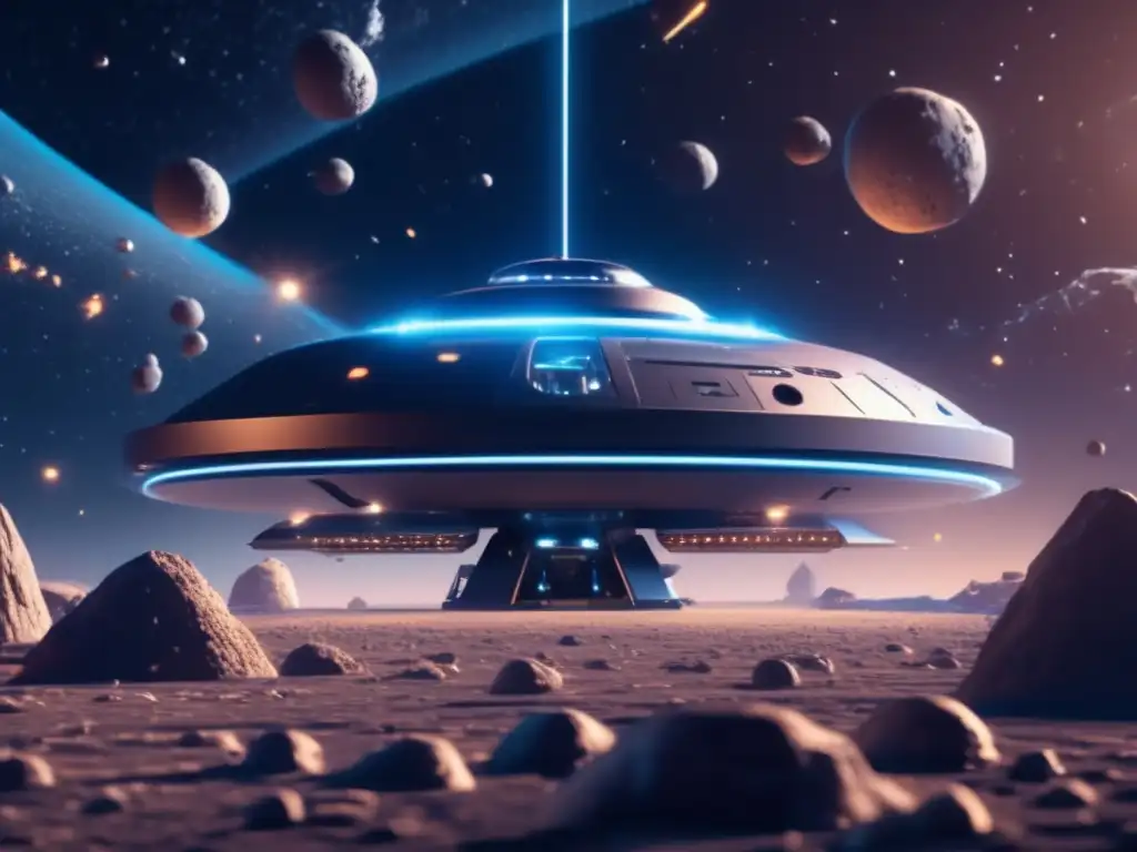 Gestión de conflictos en asteroides: estación espacial futurista, astronautas negociando en el espacio rodeados de asteroides flotantes
