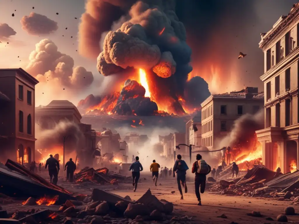 Consecuencias globales impacto asteroide: Ciudad en ruinas, fuego, humo, caos y desesperación