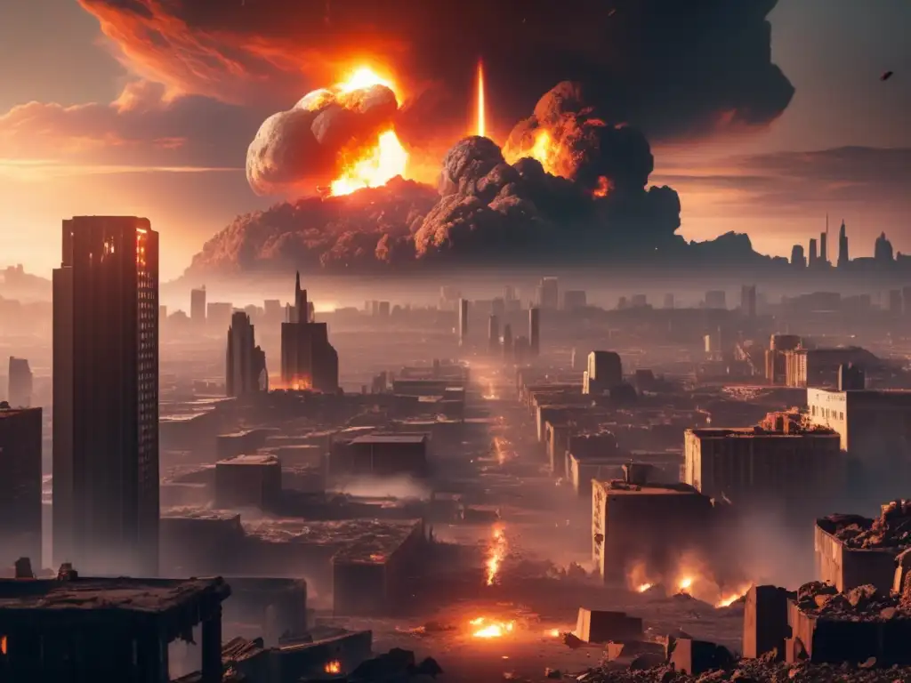 Consecuencias globales impacto asteroide: Ciudad postapocalíptica con asteroides y supervivientes