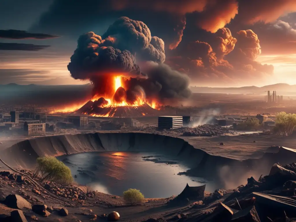 Consecuencias globales impacto asteroide: paisaje desolado, edificios derruidos, árboles calcinados y un cielo oscuro y ominoso
