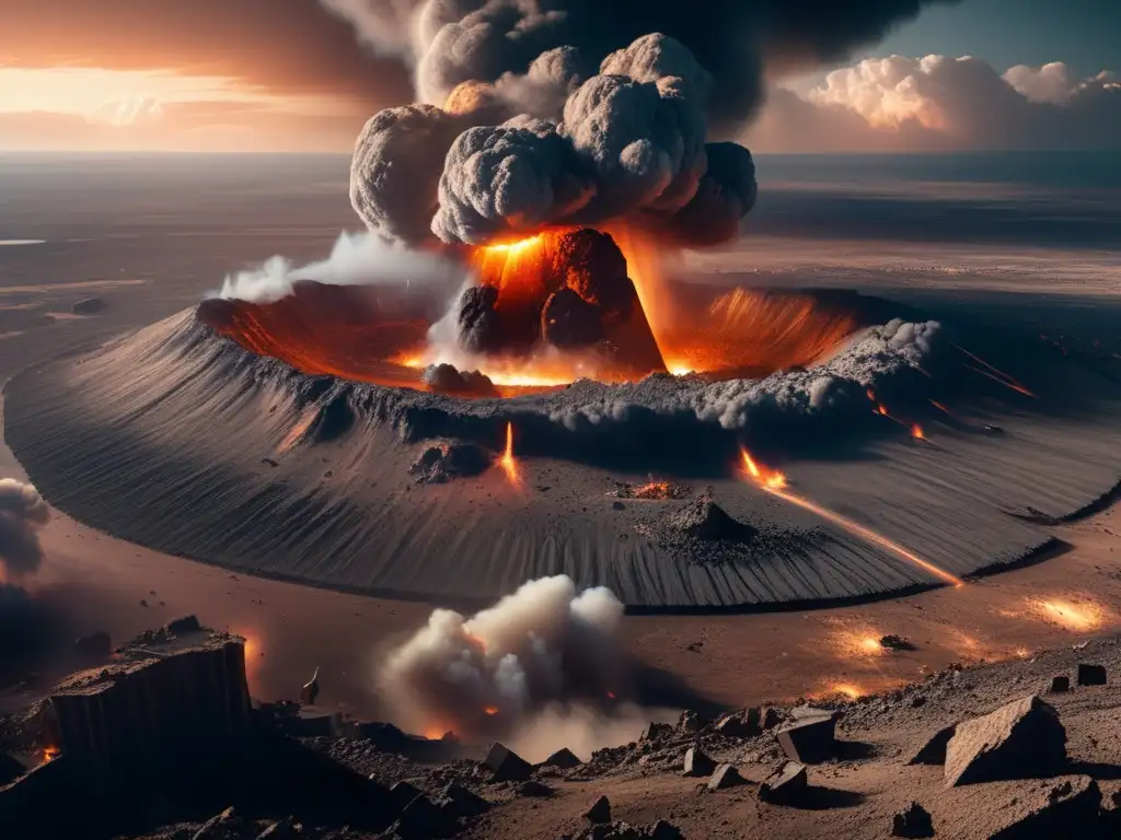 Consecuencias impacto asteroide Tierra: paisaje desolado, ruinas humeantes, ciudad en ruinas, cráter, destrucción, nubes oscuras, caos