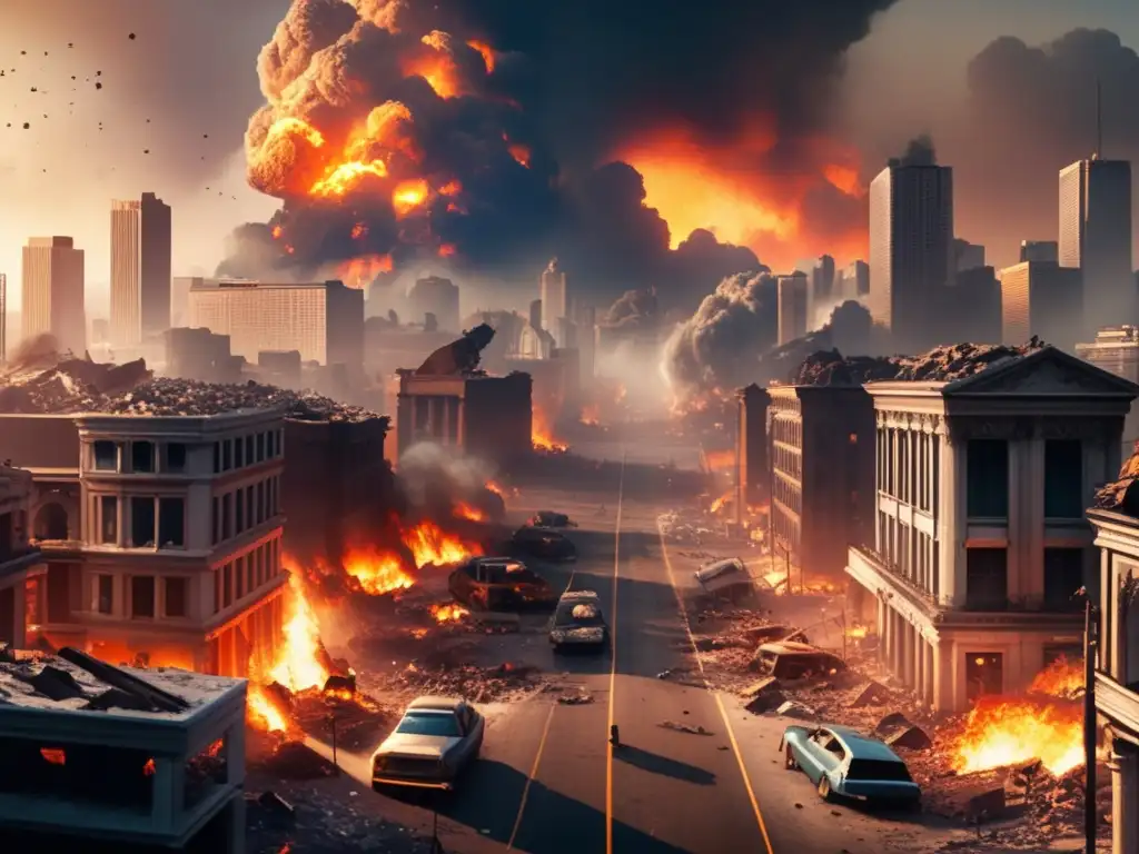 Consecuencias de impacto de asteroide en la Tierra: ciudad en ruinas, caos y destrucción, necesidad de preparación
