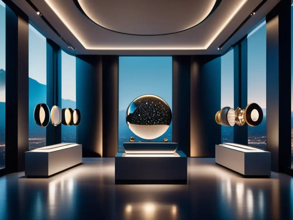 Joyería contemporánea con asteroides en una sala moderna y espaciosa, resaltando la fusión de modernidad y elegancia celestial