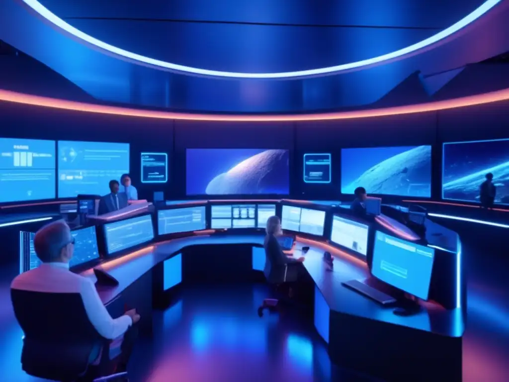 Control de asteroide: científicos en sala de control futurista trabajando en el Protocolo del Último Minuto