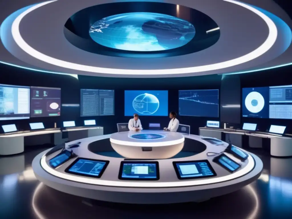 Control de asteroide: mesa de expertos en sala futurista, preparación para impacto de asteroide